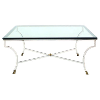 EstablishedLines Italian 3/4" Glass Top Square Coffee Table Chrome Brass Hoof Feet Base MINT!