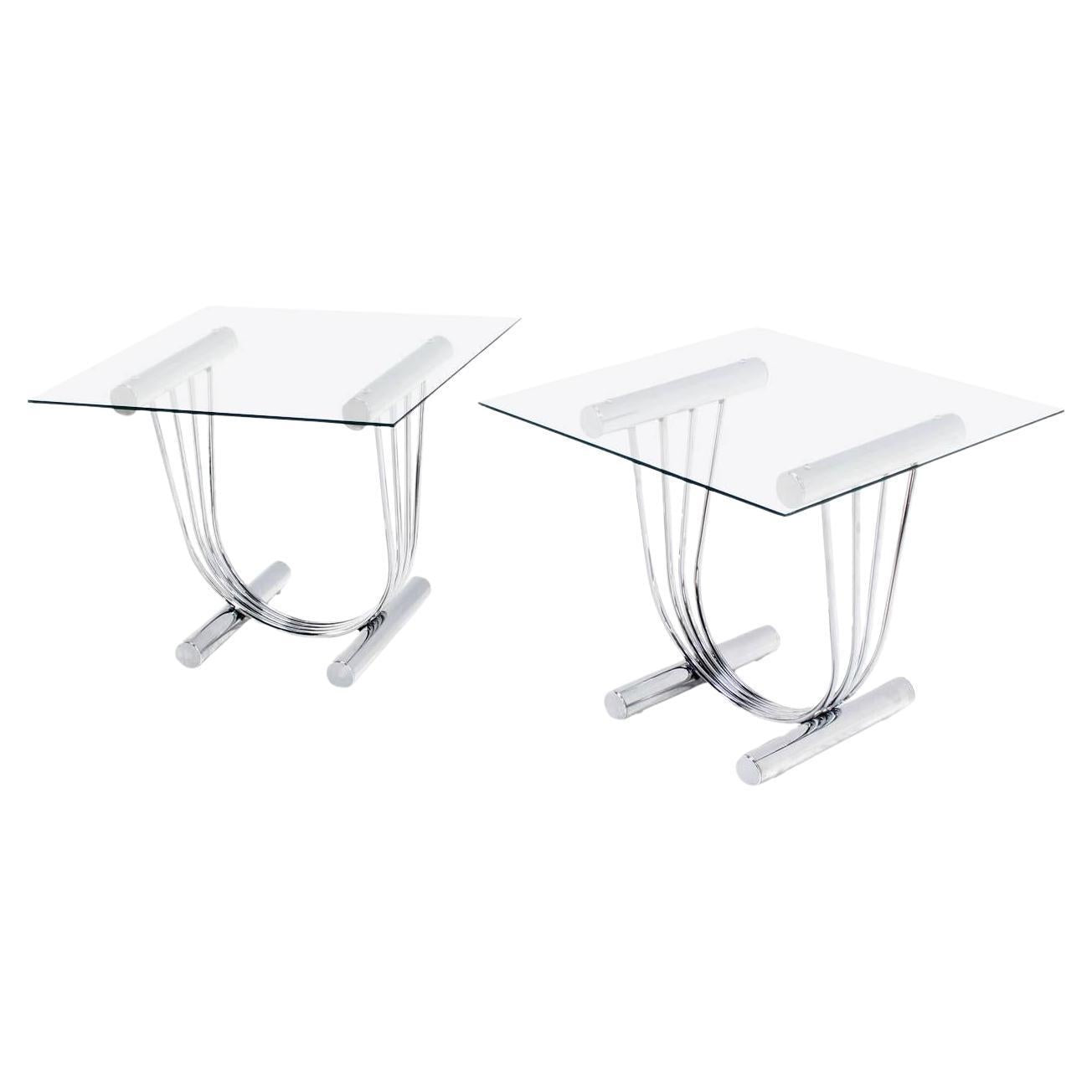 EstablishedLines Pair of Chrome U Shape Bases Glass Square Top End Side Tables Stands MINT!
