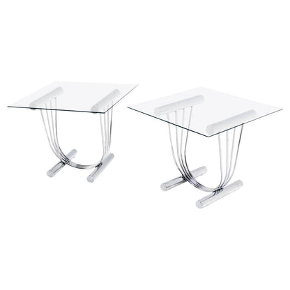 EstablishedLines Pair of Chrome U Shape Bases Glass Square Top End Side Tables Stands MINT!