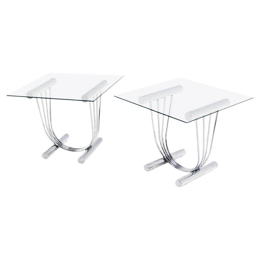 EstablishedLines Pair of Chrome U Shape Bases Glass Square Top End Side Tables Stands MINT!