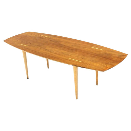 EstablishedLines Boat Shape Light Walnut Tapered Birch Exposed Leg Tenon Coffee Table Mid Century