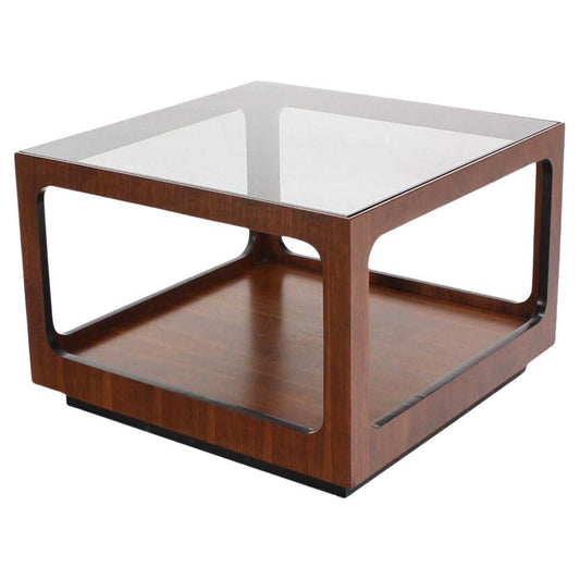 EstablishedLines Mid Century Modern Square Cube Walnut Base Glass Top Coffee Side End Lamp Table