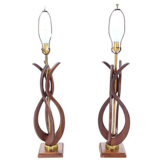 EstablishedLines Pair of Mid Century Modern Sculptural Flame Motive Oiled Walnut Table Lamps MINT