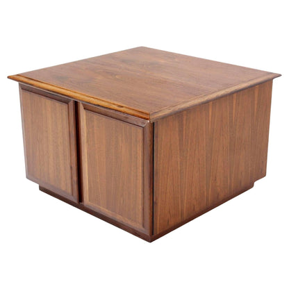 EstablishedLines Mid Century Modern Double Door Cabinet Cube Shape Walnut End Side Lamp Table
