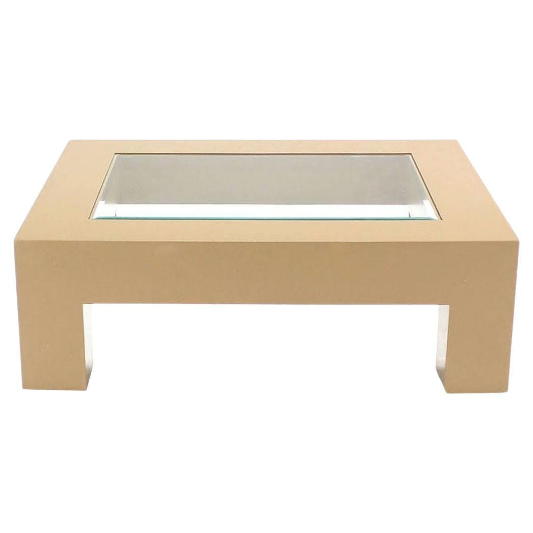 EstablishedLines Heavy Thick Square Legs  Beige Lacquer Base Glass Top Rectangle Coffee Table