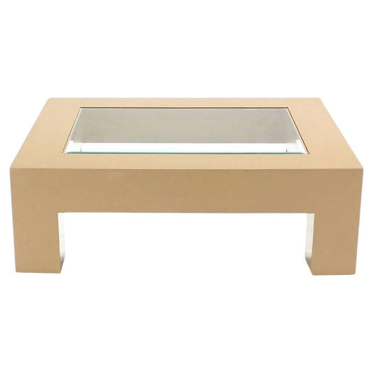 EstablishedLines Heavy Thick Square Legs  Beige Lacquer Base Glass Top Rectangle Coffee Table