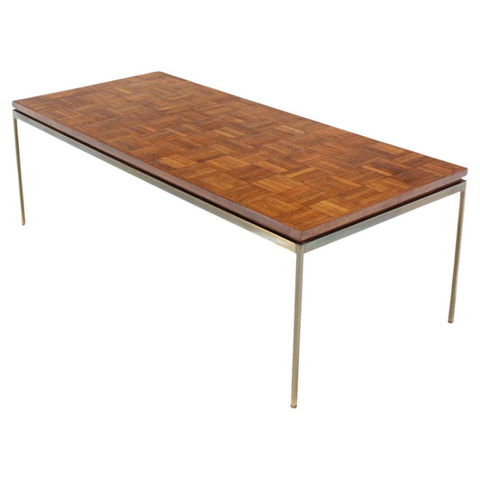 EstablishedLines Mid Century Modern Large Rectangle Brass Base Parquet Top Coffee Table MINT!