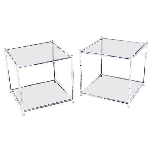 EstablishedLines Pair of Cube Shape Chrome Faux Bamboo Frame End Tables Smoked Glass Top MINT!