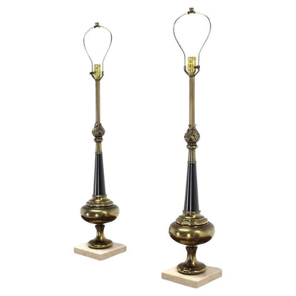 EstablishedLines Pair Mid Century Modern Stiffel Brass Finial Shape Table Lamps Marble Bases MINT