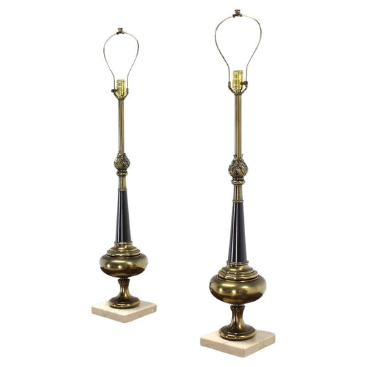 EstablishedLines Pair Mid Century Modern Stiffel Brass Finial Shape Table Lamps Marble Bases MINT