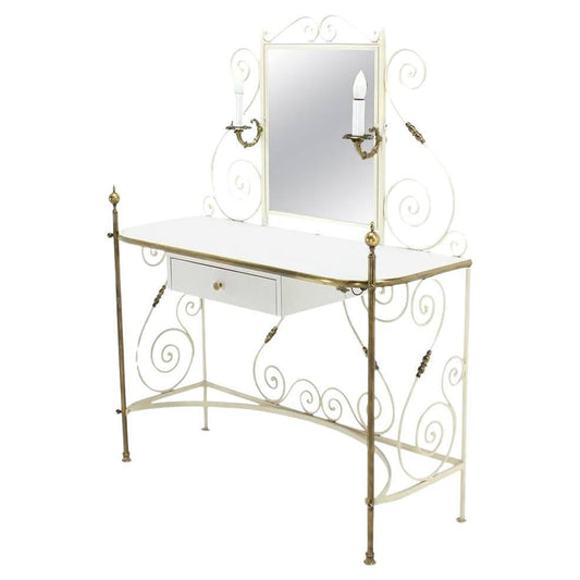 EstablishedLines Decorative Vanity Dressing Table Milk Glass Top Metal Scroll Brass Hardware