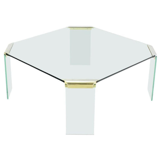 EstablishedLines Large Square Cut Corners Style Glass Top & Legs Brass Joint Coffee Table