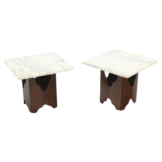 EstablishedLines Pair of Mid-Century Modern Walnut Base Square Marble Top End Side Tables MINT