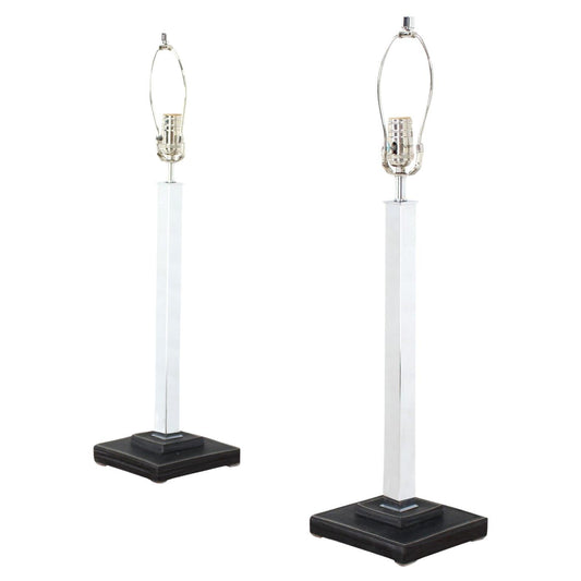 EstablishedLines Pair of Chrome Stitched Square Leather Bases  Modern Table Lamps by Nessen MINT