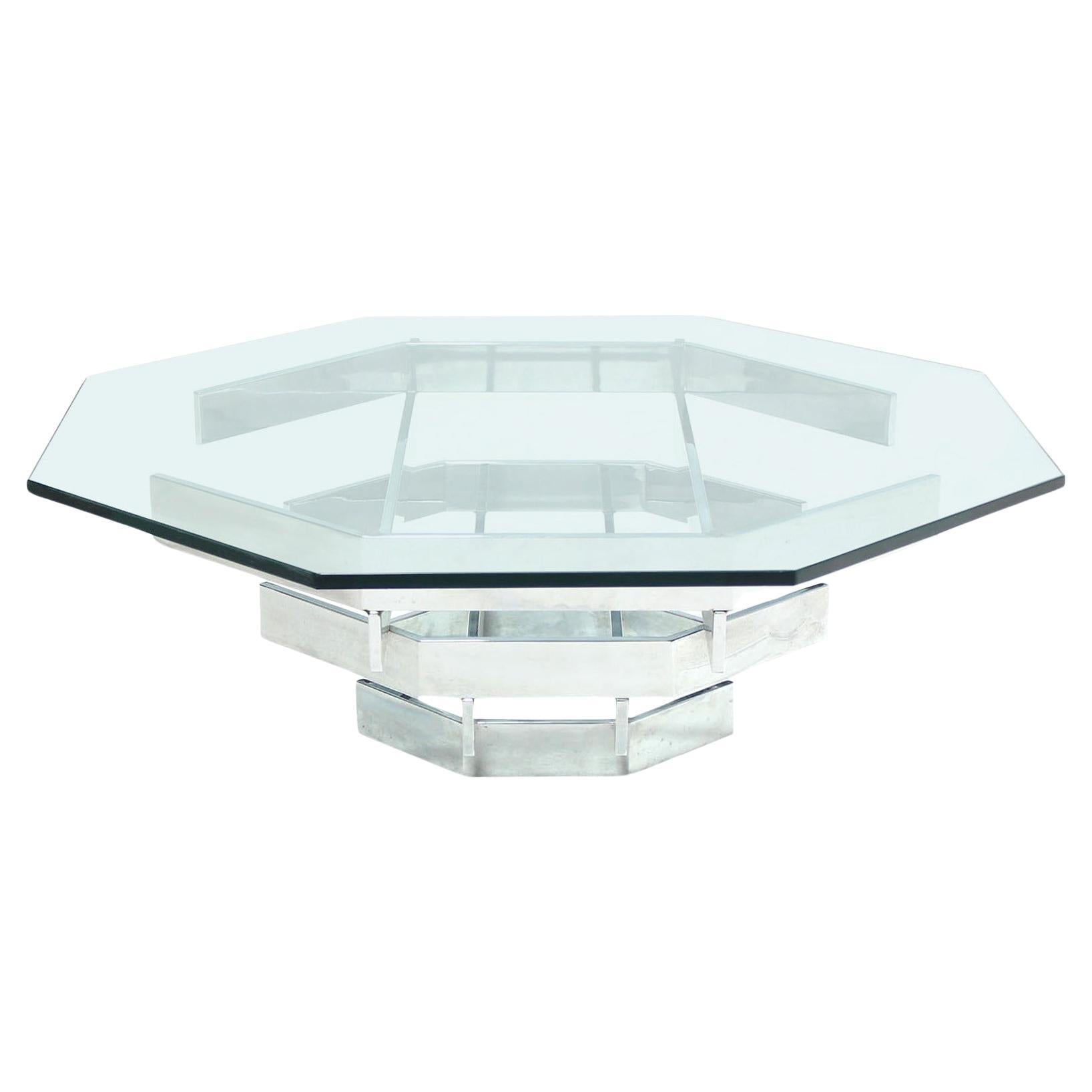 EstablishedLines Mid Century Modern Heavy "Stacked" Chrome Base Octagonal Glass Top Coffee Table