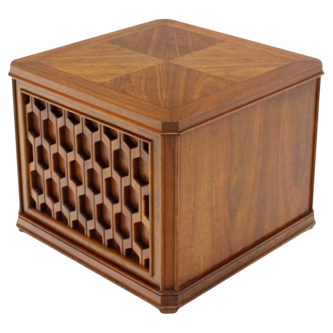 EstablishedLines Walnut Carved Honeycomb Pattern One Door Cube Square Shape Side End Table Stand