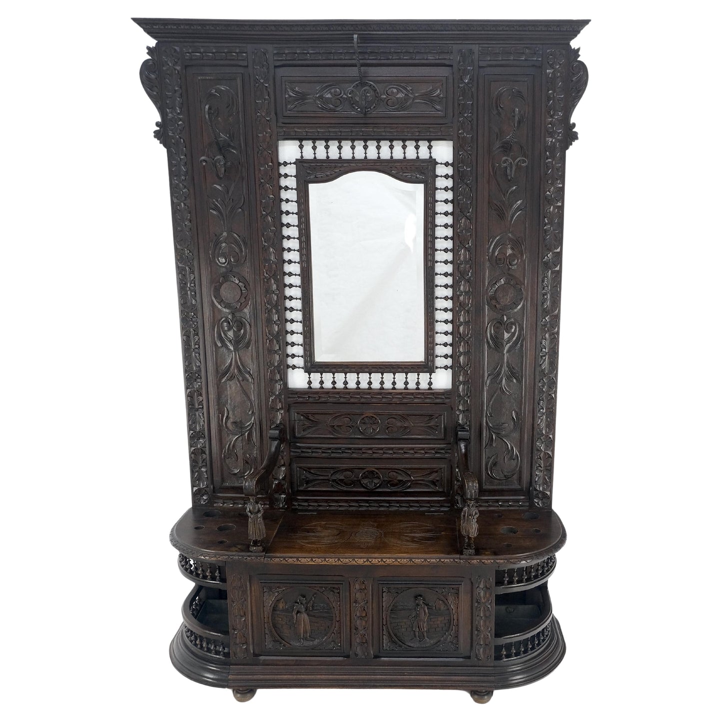 Fine Carved Oak Lift Top Bench Pier Mirror Umbrella Stand Coat Hall Rack MINT!