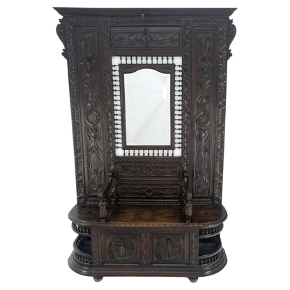 Fine Carved Oak Lift Top Bench Pier Mirror Umbrella Stand Coat Hall Rack MINT!