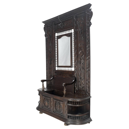 Fine Carved Oak Lift Top Bench Pier Mirror Umbrella Stand Coat Hall Rack MINT!