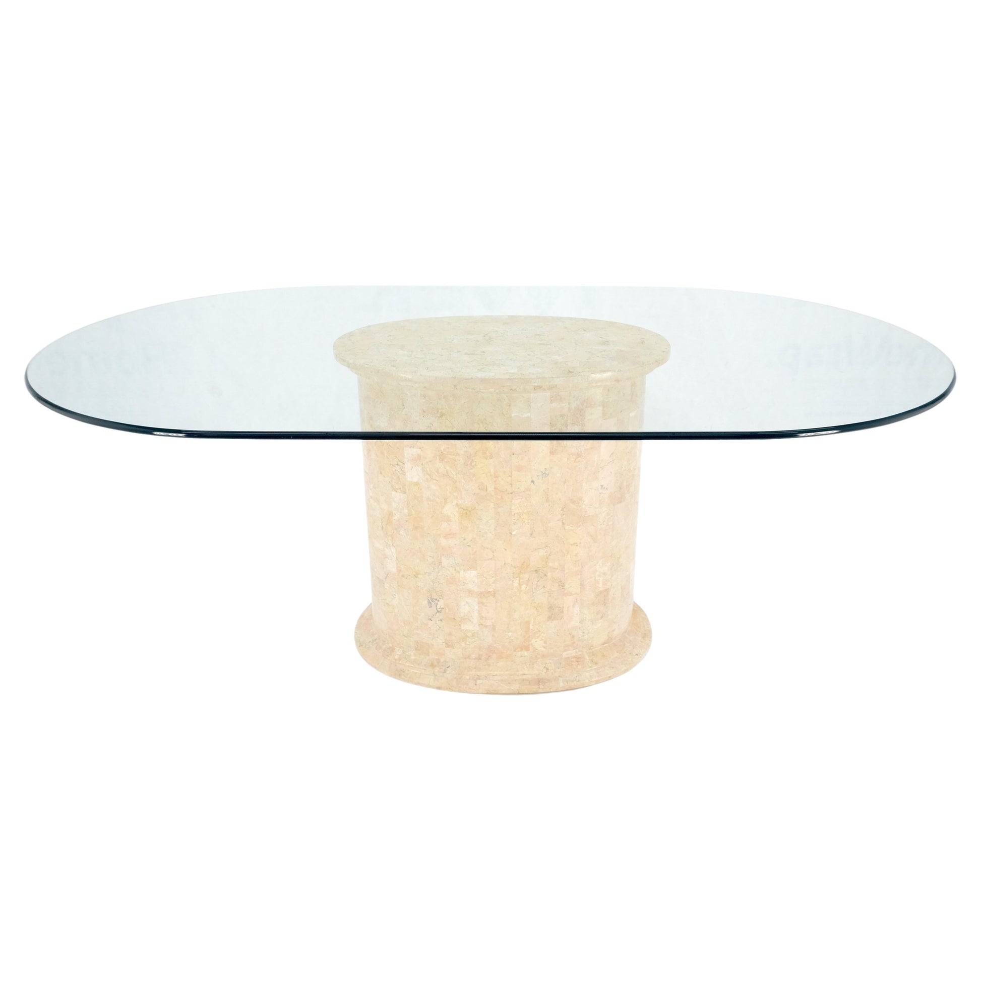 EstablishedLines Racetrack Oval Glass Top Single Tessellated Marble Pedestal Base Dining Table