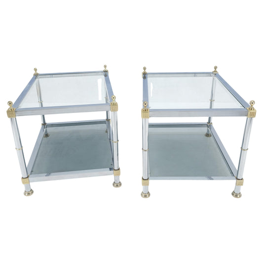 EstablishedLines Pair of Rectangle Chrome & Brass Smoked Glass Two Tier End Side Tables MINT!