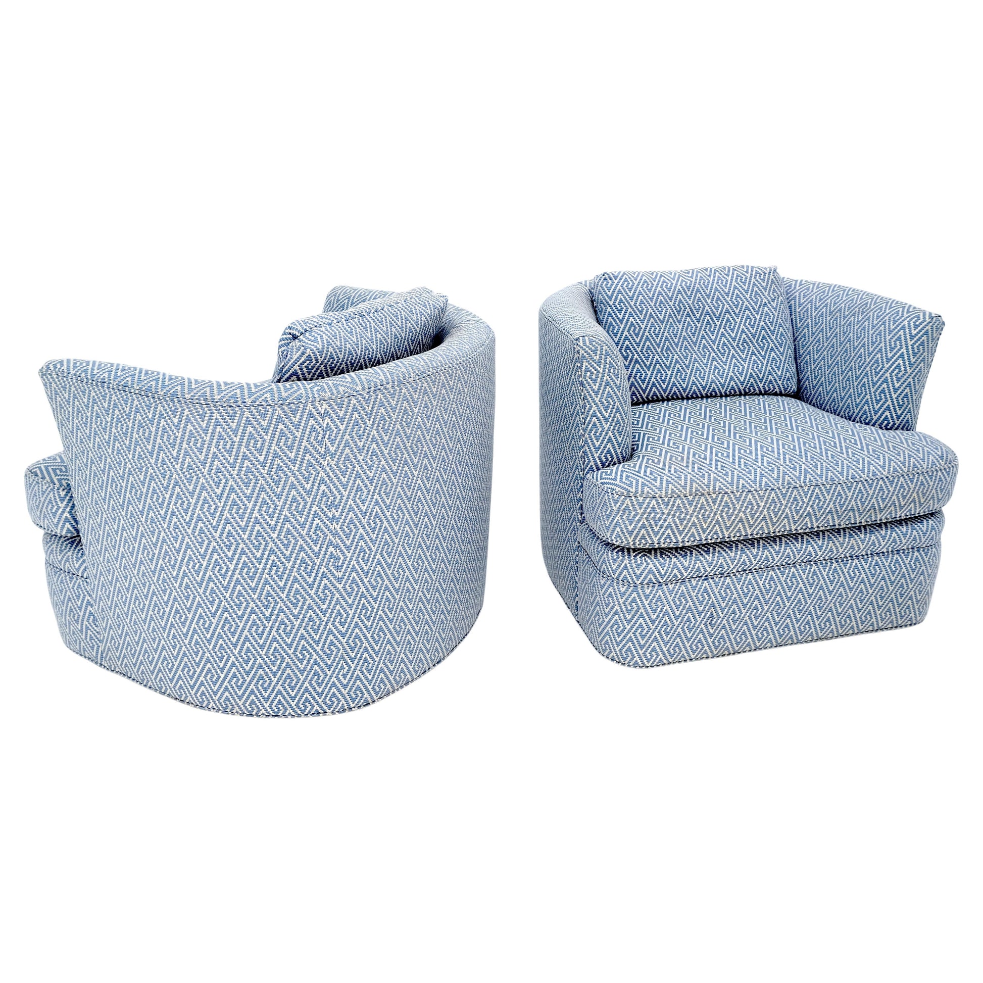 EstablishedLines Pair of  Blue & White Upholstery Vintage MCM Barrel Back Swivel Chairs