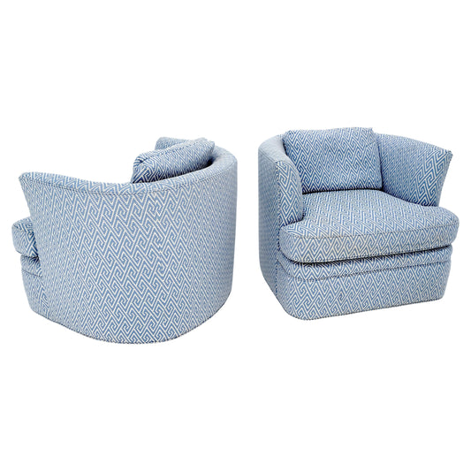Pair of  Blue & White Upholstery Vintage MCM Barrel Back Swivel Chairs