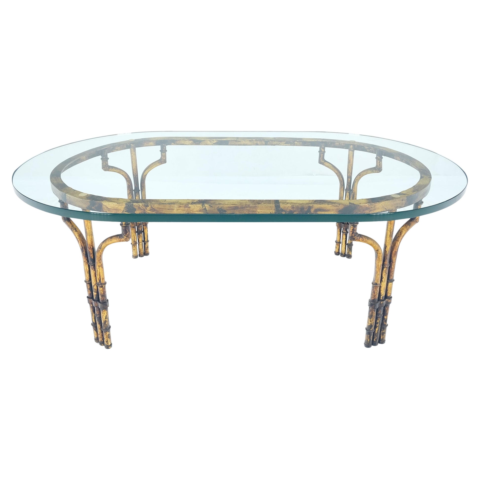 EstablishedLines Faux Metal Bamboo Base Racetrack Oval 3/4" Thick Glass Top Coffee Table MINT!