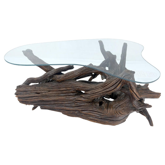 EstablishedLines Amoeba Glass Top Organic Drift Wood Base Coffee Center Table MINT!