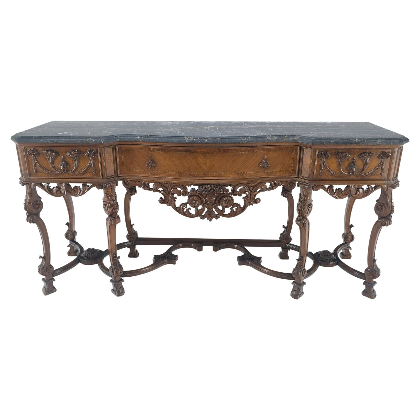 Antique Dovetailed Inlaid Carved Walnut Marble Top SideBoard Server Buffet MINT!