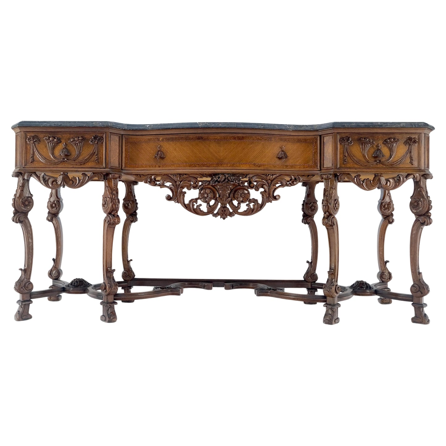 Antique Dovetailed Inlaid Carved Walnut Marble Top SideBoard Server Buffet MINT!