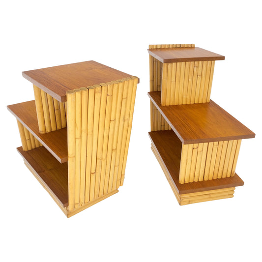 EstablishedLines Pair of Restored 1950s Solid Mahogany & Bamboo Reed Step End Side Tables Stands