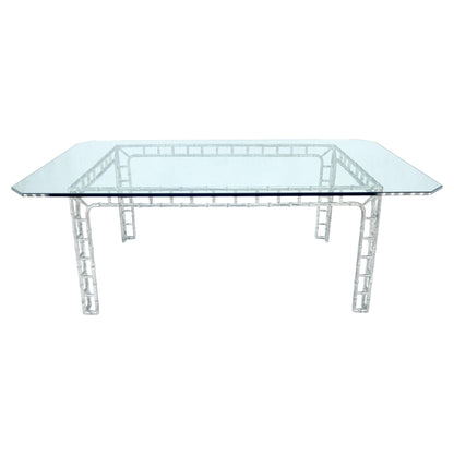 EstablishedLines Large 7' Long 3/4" Thick Glass Top Cast Aluminum Faux Bamboo Base Dining Table