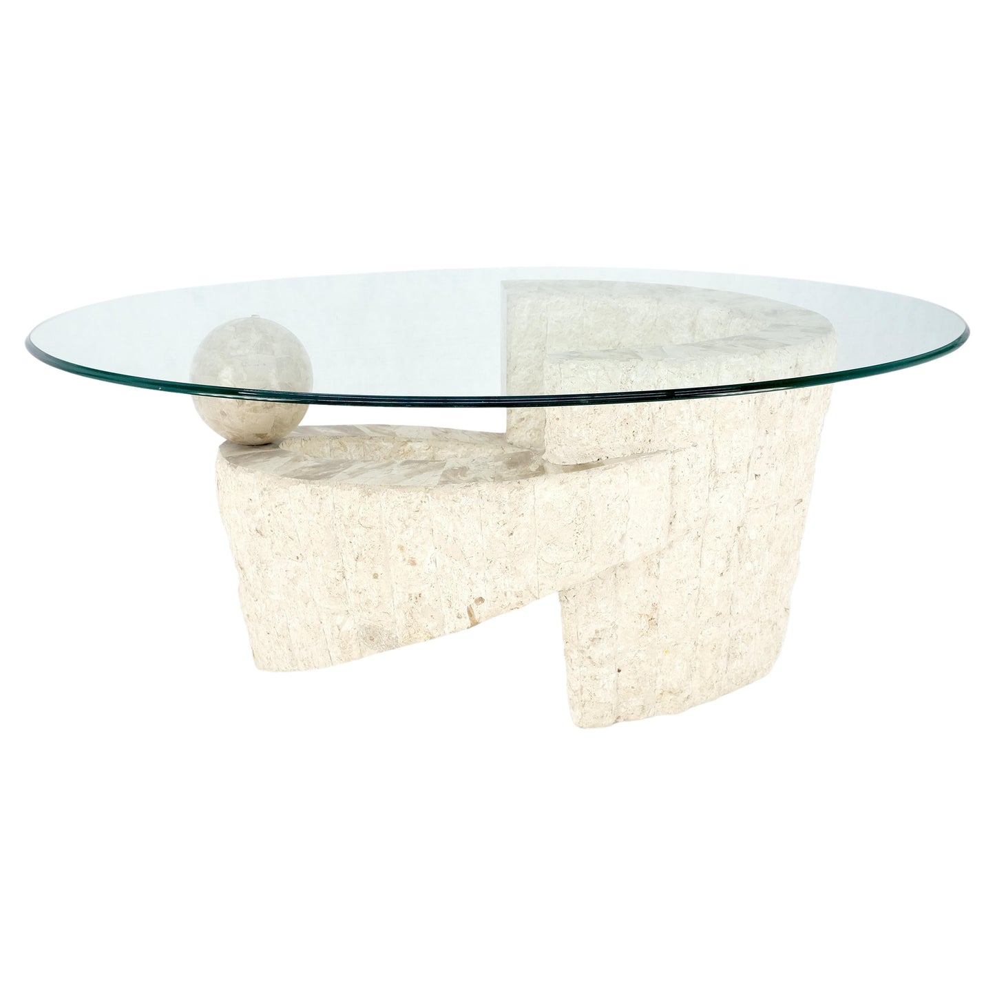 EstablishedLines Oval Glass Top Polished Ball & Shoe Shape Tessellated Marble Base Coffee Table
