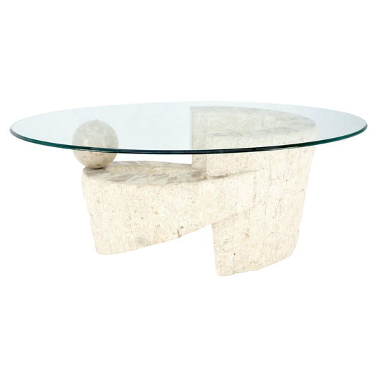 EstablishedLines Oval Glass Top Polished Ball & Shoe Shape Tessellated Marble Base Coffee Table