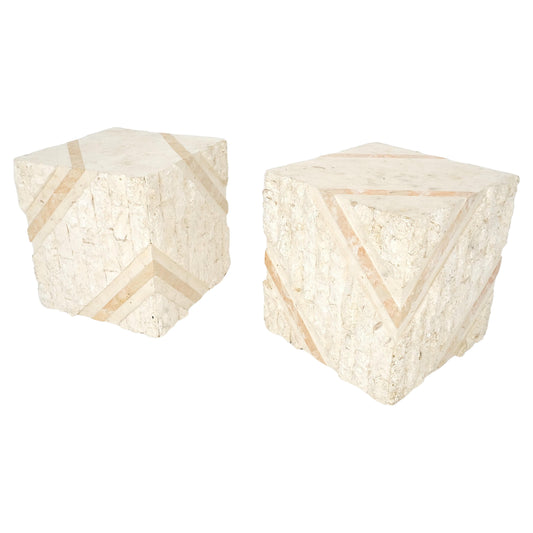 EstablishedLines Pair of Cube Shape Tessellated Polished Marble End Tables Night Stands MINT!