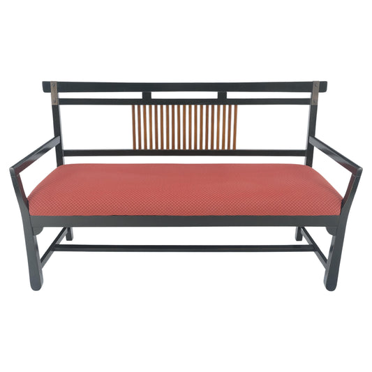 EstablishedLines Vintage Black Lacquer Red Upholstery Bench w/ Arms Slotted Back MINT