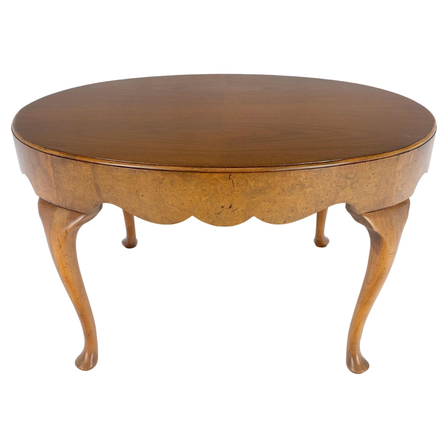 EstablishedLines Baker Oval Walnut Top Burl Base Thick Queen Ann Leg Coffee Side Occasional Table