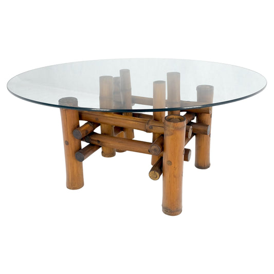 EstablishedLines Mid Century Modern Round Glass Top Thick Diameter Bamboo Base Coffee Table MINT