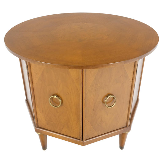 Round Top Hexagon Two Door Cabinet Base Brass Ring Pulls Walnut Side End Table