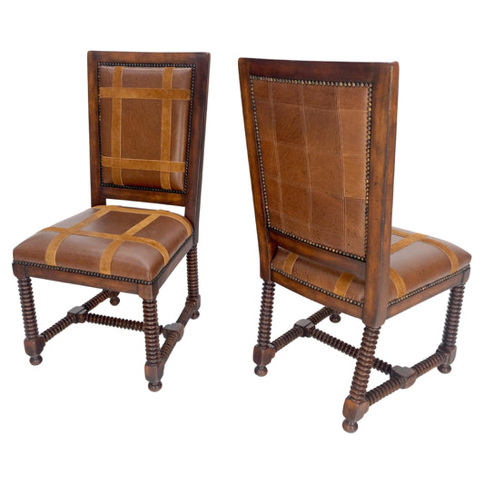 EstablishedLines Pair of Turned Legs & Stretchers Large Leather Upholstery Side Chairs MINT!
