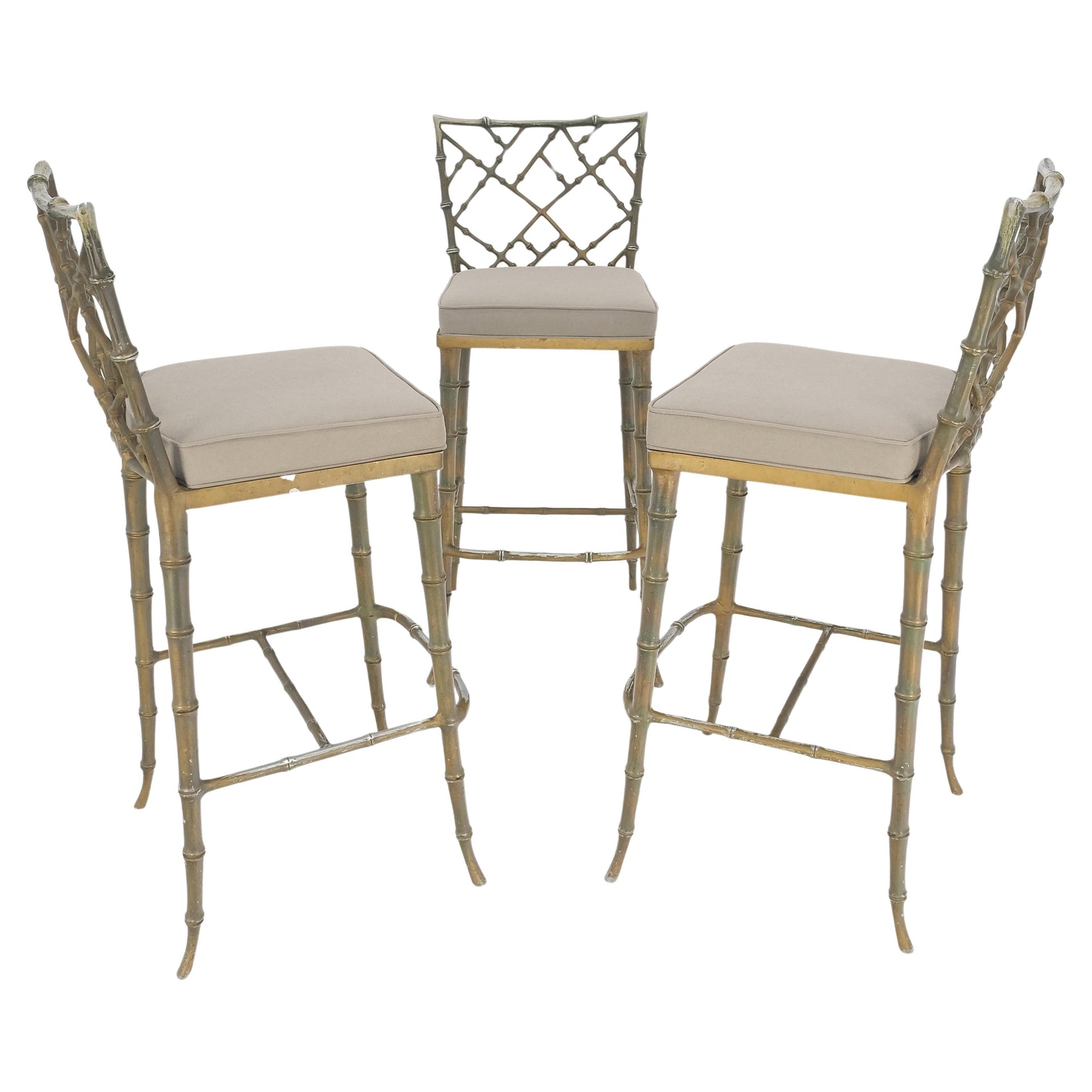 EstablishedLines Cast Aluminum set of 3 Faux Bamboo Bar Stools New Alcantera Fabric Upholstery