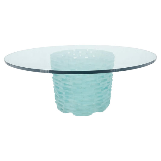 EstablishedLines Fused Glass "Ice" Blocks Round Base Studio Made 3/4" 48" Glass Top Coffee Table