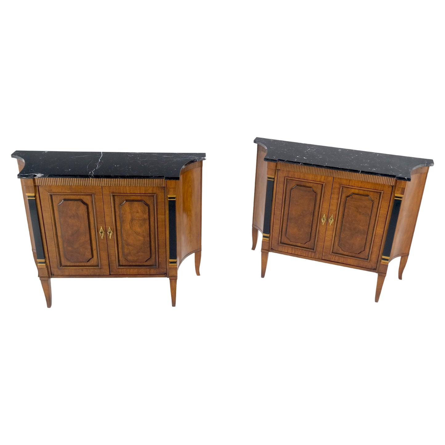 Pair Regency Style Burl Walnut Scallop Banding Black Marble Top Cabinet Credenza