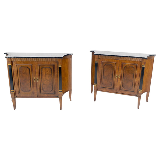 Pair Regency Style Burl Walnut Scallop Banding Black Marble Top Cabinet Credenza