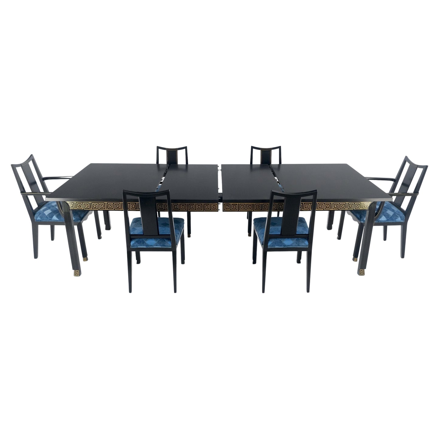 EstablishedLines Black Lacquer Gold Ornament Decorated 6 Chairs 2 Leaves Dining Table Set MINT!