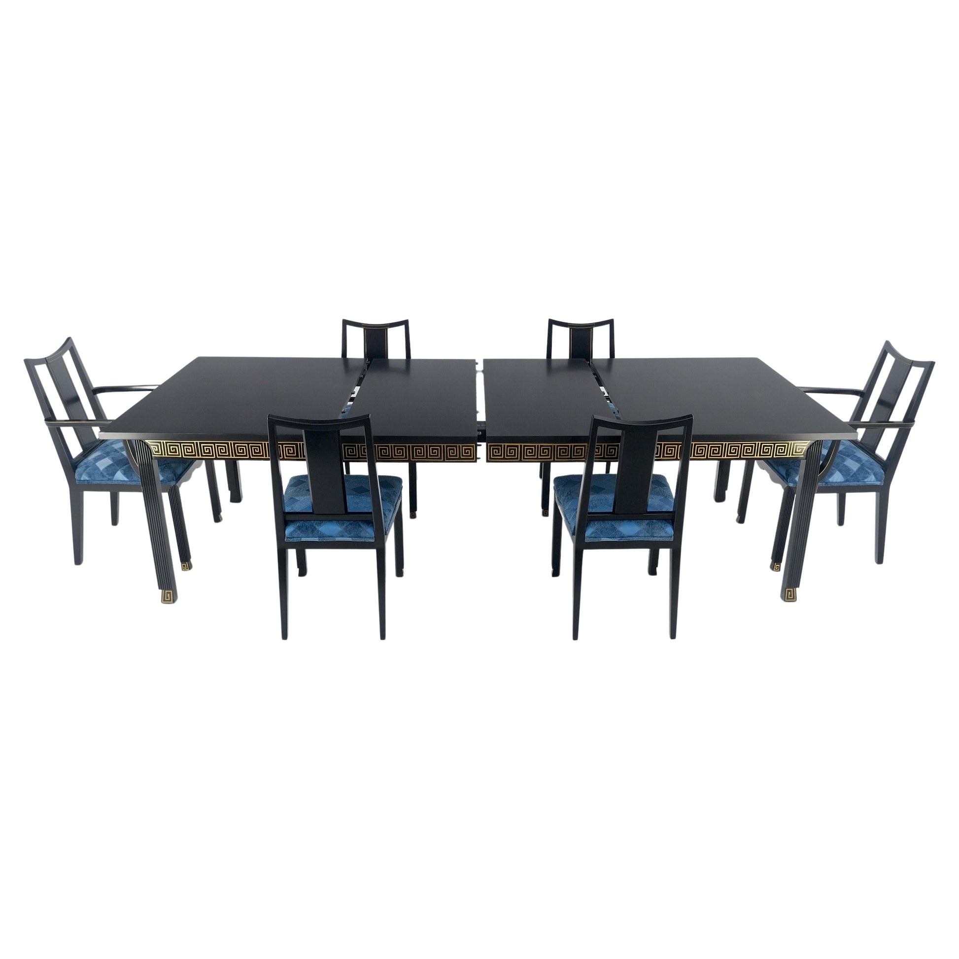 EstablishedLines Black Lacquer Gold Ornament Decorated 6 Chairs 2 Leaves Dining Table Set MINT!
