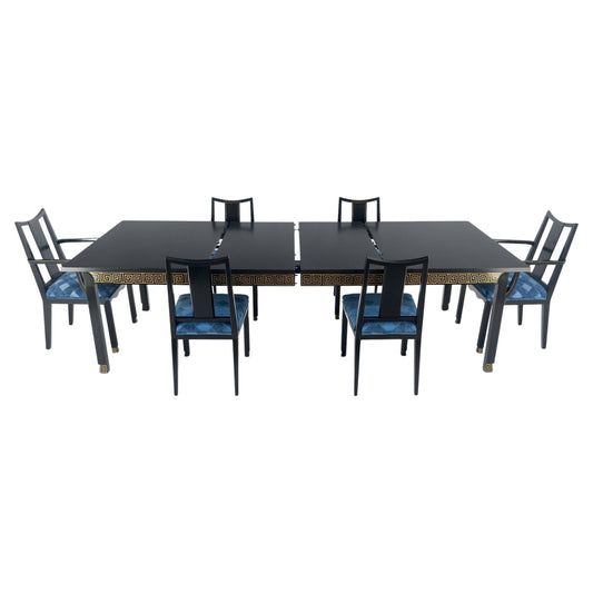 Black Lacquer Gold Ornament Decorated 6 Chairs 2 Leaves Dining Table Set MINT!