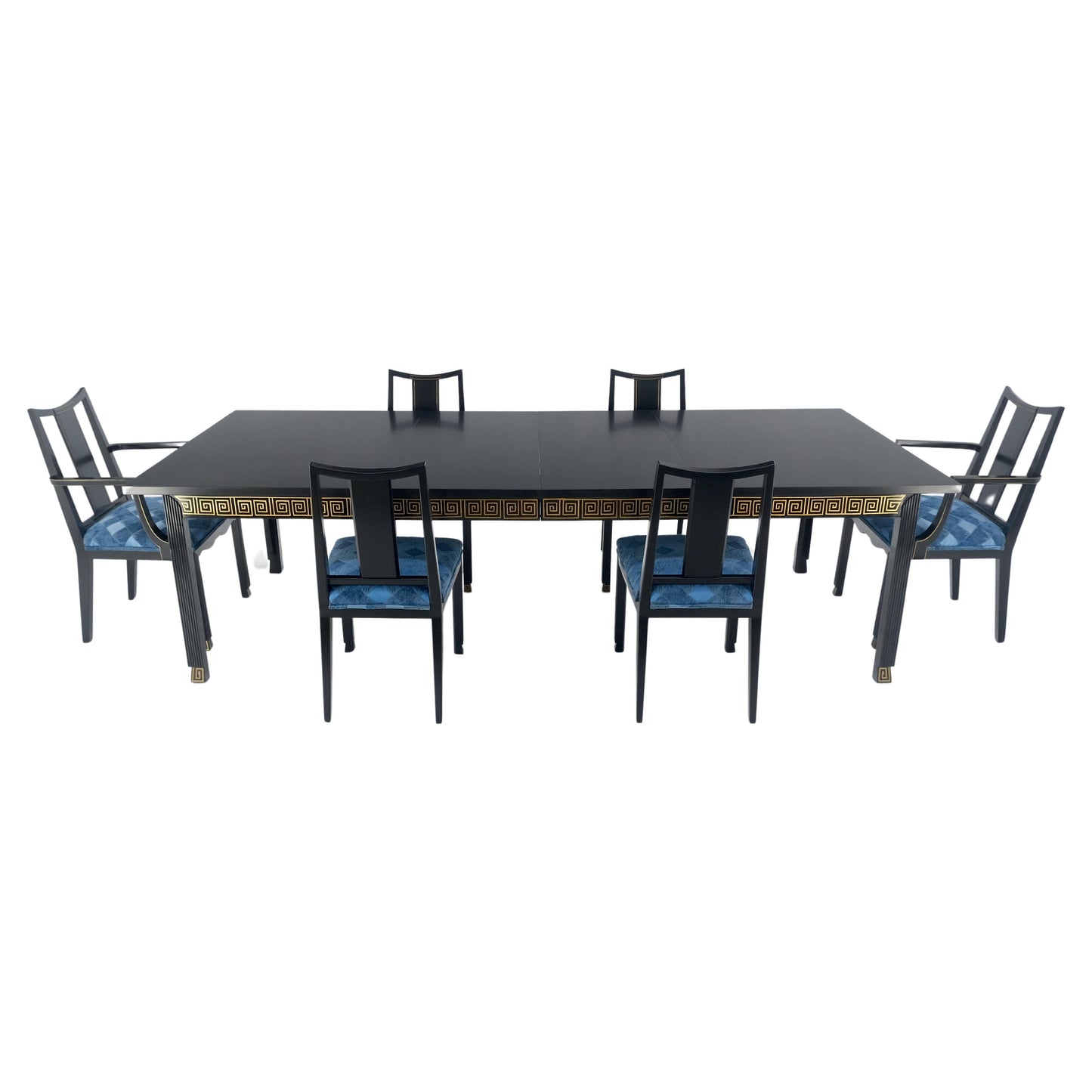 EstablishedLines Black Lacquer Gold Ornament Decorated 6 Chairs 2 Leaves Dining Table Set MINT!