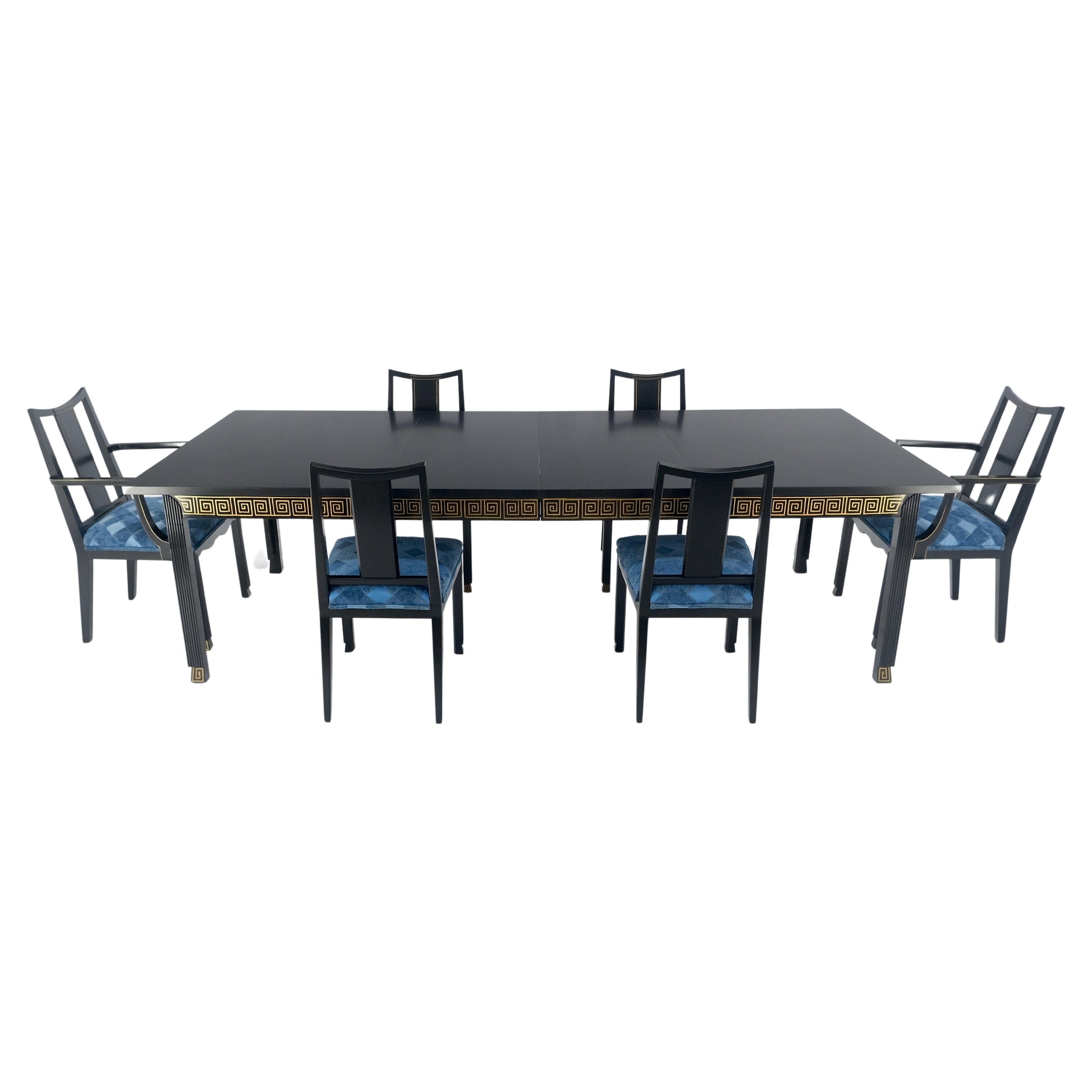 EstablishedLines Black Lacquer Gold Ornament Decorated 6 Chairs 2 Leaves Dining Table Set MINT!